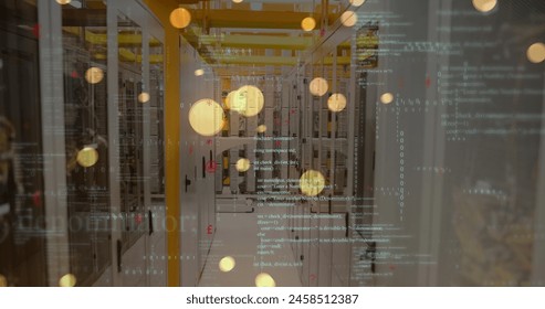 Image of data processing and yellow glowing spots falling against computer server room. Computer interface and business data storage technology concept