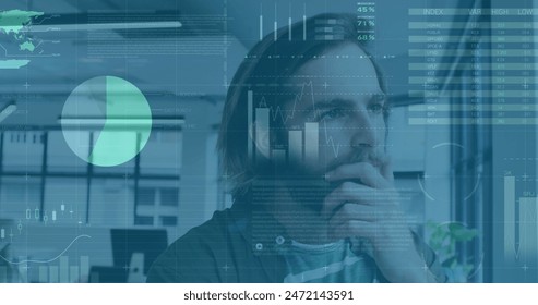 Image of data processsing against thoughtful caucasian man looking out of window at office. Computer interface and business data technology concept