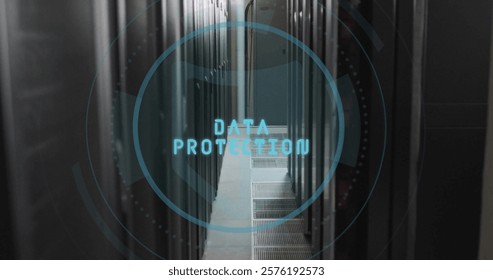 Image of data protection text and digital data processing over computer servers. Global cyber security, connections, computing and data processing concept digitally generated image.