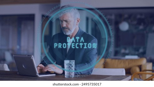 Image of data protection text data processing over caucasian businessman in office. Global computing, digital interface and data processing concept digitally generated image.