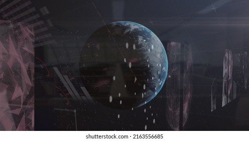 Image of data and statistics processing over earth globe and outer space. global connections, data processing and digital interface concept digitally generated image.