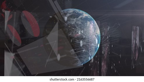 Image of data and statistics processing over earth globe and outer space. global connections, data processing and digital interface concept digitally generated image.
