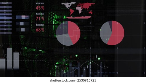 Image of data and statistics processing over green lights of computer servers. data processing, cloud computing concept and technology concept digitally generated image.