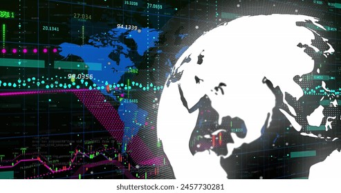 Image of data, world map and globe on black background. Global finance, economy, data processing and technology concept digitally generated image.