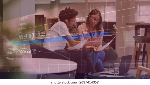Image of deleting files over diverse female and male coworkers in office. Business, finance, data processing and technology concept digitally generated image. - Powered by Shutterstock - Get 15% off with code: PIKWIZARD15