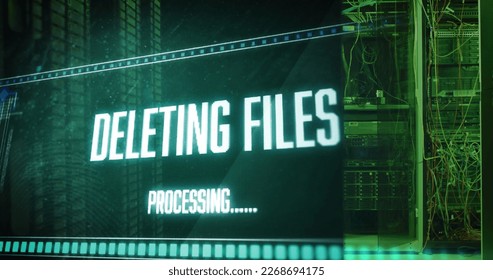 Image of deleting files over green digital screen. network, programming, computers and technology concept digitally generated image.