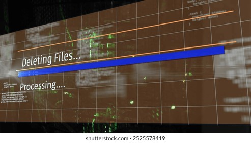 Image of deleting files, processing text on interface over server room. Network, data, processing, digital interface and communication, digitally generated image.