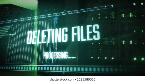 Image of deleting files, processing text on interface over computer servers. Network, data, processing, digital interface and communication, digitally generated image.