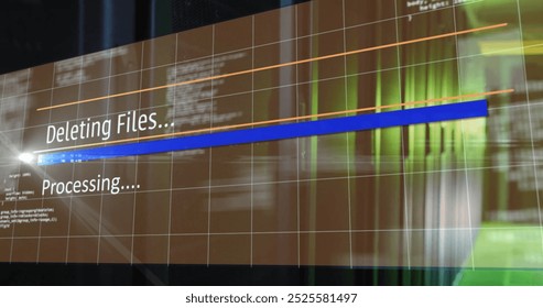 Image of deleting files, processing text on interface over server room. Network, data, processing, digital interface and communication, digitally generated image.