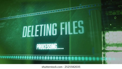 Image of deleting files, processing text on interface over computer server. Network, data, processing, digital interface and communication, digitally generated image.