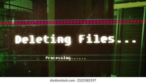Image of deleting files, processing text on interface screen over computer server room. Network, data, processing, digital interface and communication, digitally generated image.