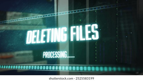 Image of deleting files, processing text on interface over server room. Network, data, processing, digital interface and communication, digitally generated image.