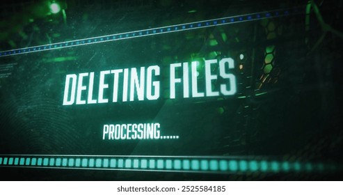 Image of deleting files, processing text on interface over computer server. Network, data, processing, digital interface and communication, digitally generated image.