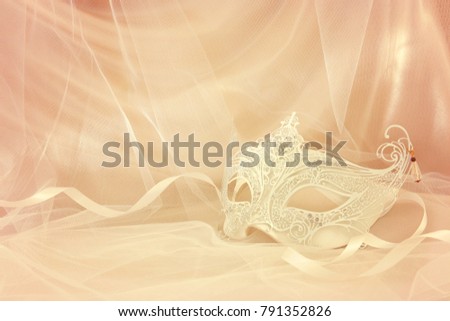 Image of delicate and elegant white venetian mask in front of tulle background