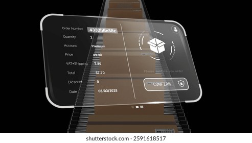Image of delivery screen with data over boxes on conveyor belt. Delivery and digital interface concept digitally generated image.