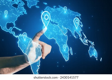 An image depicting a human hand interacting with a digital world map, highlighting global connectivity