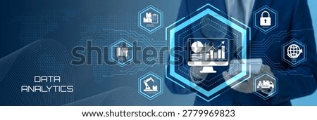 The image depicts a futuristic data analytics visualization with a central computer monitor displaying a graph and charts surrounded by interconnected hexagonal icons representing various data sources and analytics tools A person in a business suit is partially visible suggesting a professional setting The background features a digital circuit pattern emphasizing technology and connectivity