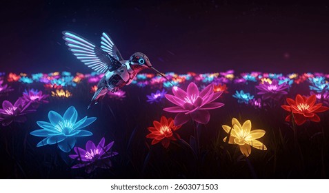 The image depicts a magical night scene where a robotic hummingbird soars over a field filled with flowers glowing in vibrant, multi-colored light. The hummingbird is made of metallic materials, and i - Powered by Shutterstock - Get 15% off with code: PIKWIZARD15