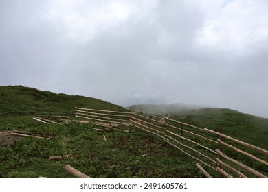 The image depicts a misty, green landscape with a rustic wooden fence stretching into the distance under an overcast sky. - Powered by Shutterstock