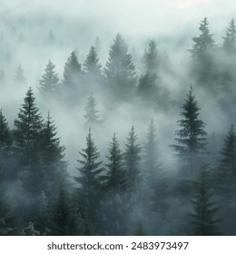 The image depicts a misty pine forest with a serene and tranquil atmosphere. The tall pine trees are partially obscured by thick mist, creating a mystical and dreamy scene. - Powered by Shutterstock