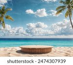  The image depicts a serene tropical beach scene with a wooden circle on a sandy surface, surrounded by palm trees and a clear blue sky with white clouds.