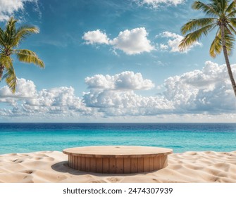  The image depicts a serene tropical beach scene with a wooden circle on a sandy surface, surrounded by palm trees and a clear blue sky with white clouds. - Powered by Shutterstock