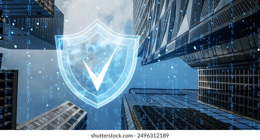 Image depicts a shield icon with a check mark overlaying a cityscape of skyscrapers, accompanied by digital binary codes. Concept of cybersecurity and data protection in an urban environment