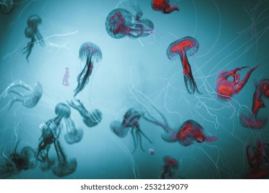 The image depicts translucent jellyfish swimming in an aquatic environment. Their red and purple hues contrast with a blue-green background, and their long tentacles create a serene, fluid scene. - Powered by Shutterstock