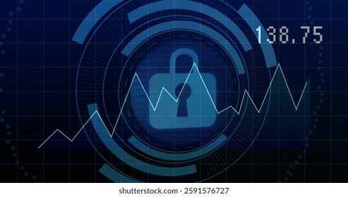 Image of diagram and data processing over padlock. Global business and digital interface concept digitally generated image.
