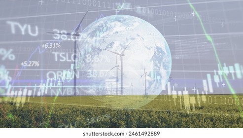 Image of diagrams and data processing with globe over field with wind turbines. Global business, nature and digital interface concept, digitally generated image.