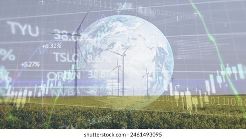 Image of diagrams and data processing with globe over field with wind turbines. Global business, nature and digital interface concept, digitally generated image.