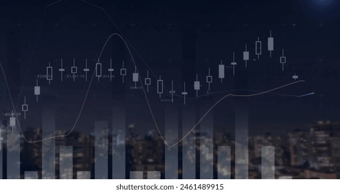 Image of diagrams and data processing over cityscape. Global business and digital interface concept, digitally generated image.