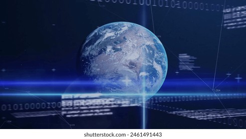 Image of diagrams and data processing over globe on blue background. Global business and digital interface concept, digitally generated image.