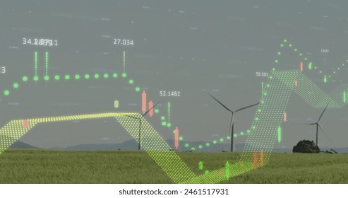 Image of diagrams and data processing over field with wind turbines. Global business, nature and digital interface concept, digitally generated image.