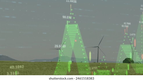 Image of diagrams and data processing over field with wind turbines. Global business, nature and digital interface concept, digitally generated image.