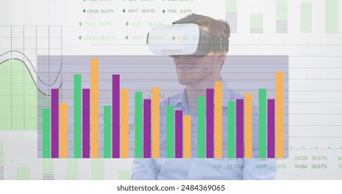Image of diagrams and data processing over caucasian man using vr headset. Global business and digital interface concept, digitally generated image.