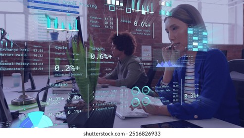 Image of diagrams and data processing over diverse colleagues using phone headsets in office. Global business, teamwork and digital interface concept digitally generated image.