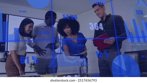 Image of diagrams and data processing over diverse colleagues discussing work in office. Global business, teamwork and digital interface concept digitally generated image.