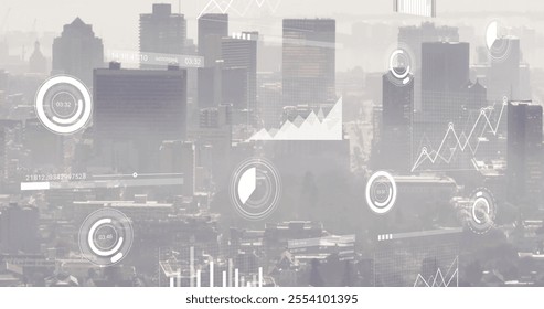 Image of diagrams and data processing over cityscape. Global business, city and digital interface concept, digitally generated image.