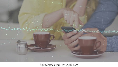 Image of diagrams and data processing over caucasian couple using smartphone. Drink, technology and digital interface concept digitally generated image. - Powered by Shutterstock - Get 15% off with code: PIKWIZARD15