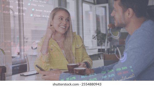 Image of diagrams and data processing over caucasian couple drinking coffee. Drink, technology and digital interface concept digitally generated image.