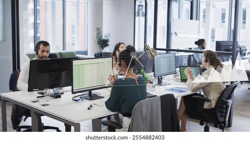 Image of diagrams and data processing over diverse colleagues using phone headsets in office. Technology, business and digital interface concept digitally generated image. - Powered by Shutterstock