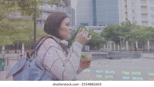 Image of diagrams and data processing over caucasian woman walking and eating in city. Business, technology and digital interface concept digitally generated image. - Powered by Shutterstock