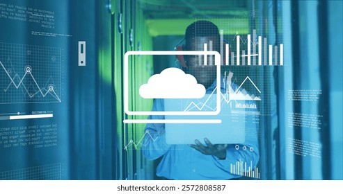 Image of diagrams and data processing over biracial male worker in server room. Technology and digital interface concept digitally generated image.