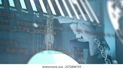Image of diagrams and data processing over biracial female worker in server room. Technology and digital interface concept digitally generated image.
