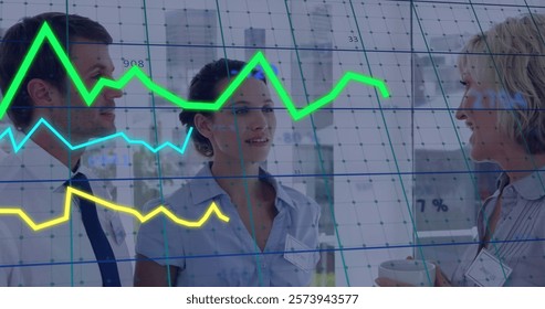 Image of diagrams and data processing over caucasian colleagues talking in office. Technology, business and digital interface concept digitally generated image.