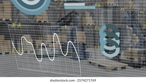 Image of diagrams and data processing over machines working in warehouse. Technology, delivery and digital interface concept digitally generated image.