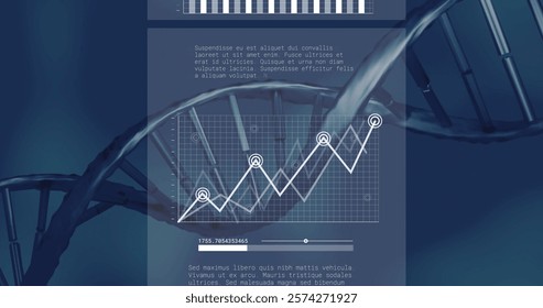 Image of diagrams and data processing over dna strand. Technology, science and digital interface concept digitally generated image.
