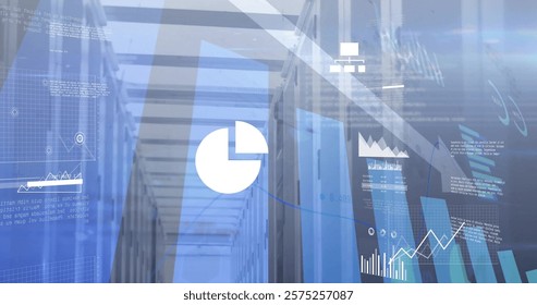 Image of diagrams and data processing over server room. Global technology and digital interface concept, digitally generated image.