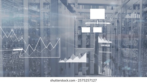 Image of diagrams and data processing over server room. Global technology and digital interface concept, digitally generated image.